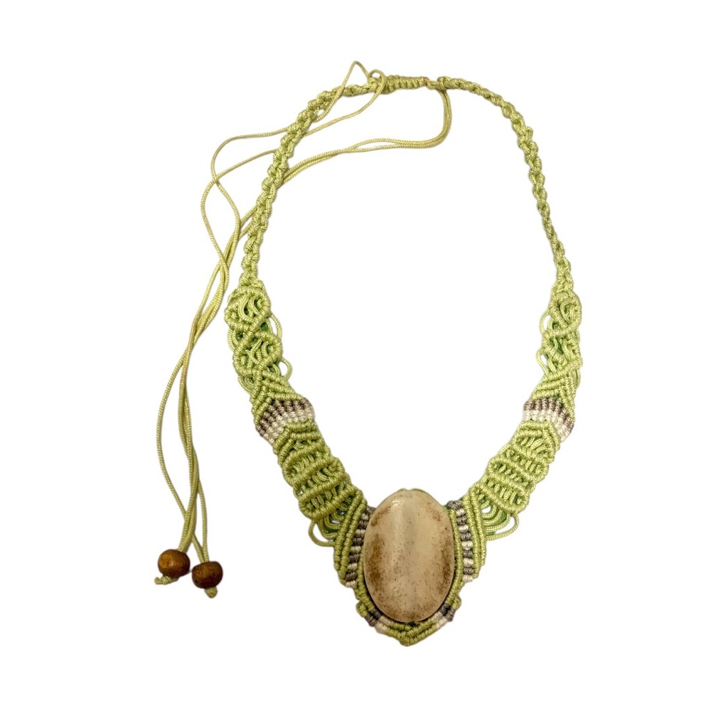 Handmade Green Macrame Necklace with Bone Focal Bead
